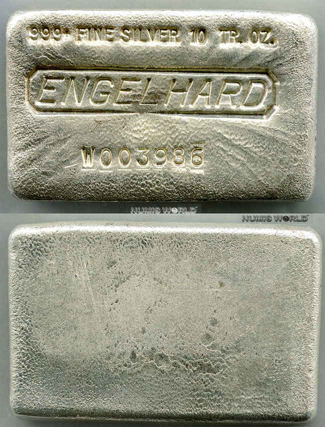 USA, 10 oz., ENGELHARD, 999+ Fine Silver, 10 TR OZ., Barren-Nr. W003986, seltene W-Seriennummer! Abmessung: 67 x 40 x 10 mm, differenzbesteuert, PRACHTEXEMPLAR!
