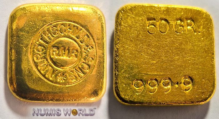 GB, 50 g, Sonderform! N.M. ROTHSCHILD & SONS, R.M.R, 50,11 g/999,9 Gold, Abmessung: 25 x 25 x 4 mm, beidseitig geprägt, historischer Barren – Herstellung seit 1967 ausgelaufen, Besonderheit: Vorderseite und Rückseite um 180° verdreht geprägt, selten, vz+ 