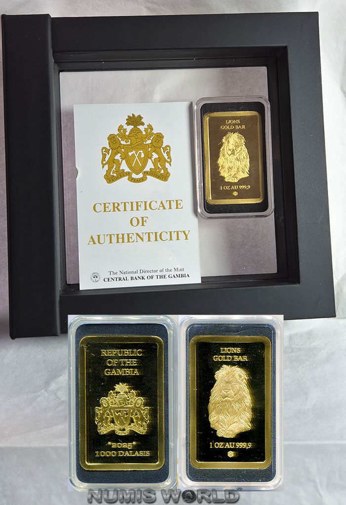 Gambia,  1 oz.  Lions Gold Bar, 1.000 Dalasis 2025, Au 9999, Abmessung: 42 x 26,5 x 2 mm, Originalverpackung + Zertifikat. Auflage 199 Stück, hergestellt in Deutschland, PL