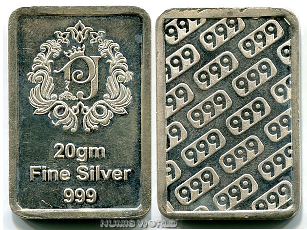PJ, 20 gm Fine Silver, Abmessung: 39 x 15 x 2 mm, interessant, vz+  