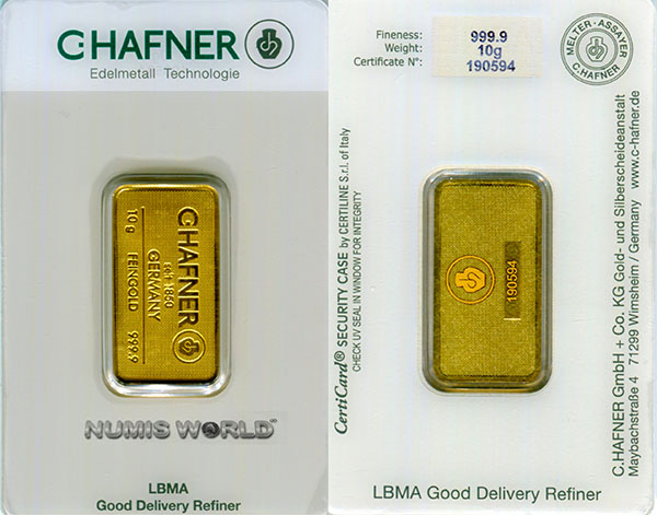 Deutschland 10 g, C. HAFNER, seit 1850, Tafelbarren, GERMANY, 10 g FEINGOLD 999.9, RS: Barren-Nr. 190594, Verschweißt, prägefrisch 