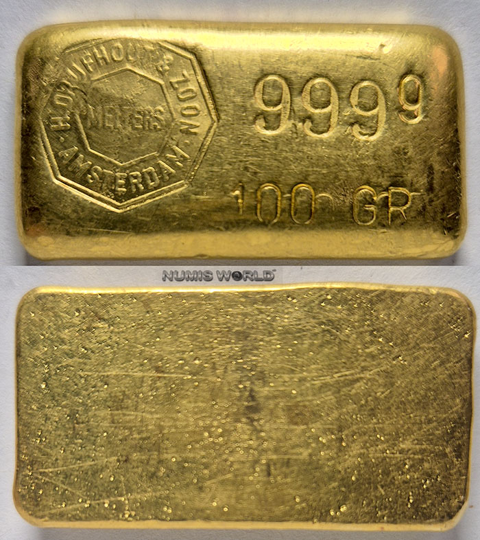 Niederlande, 100g H. Drijfhout & Zoon Amsterdam - Melters, achteckiger Firmenstempel - größere Variante, Gussbarren Querformat 100 GR, 999.9 Gold, Abmessung: 41 x 22 x 5 mm, einseitig geprägt, selten, vz+ 