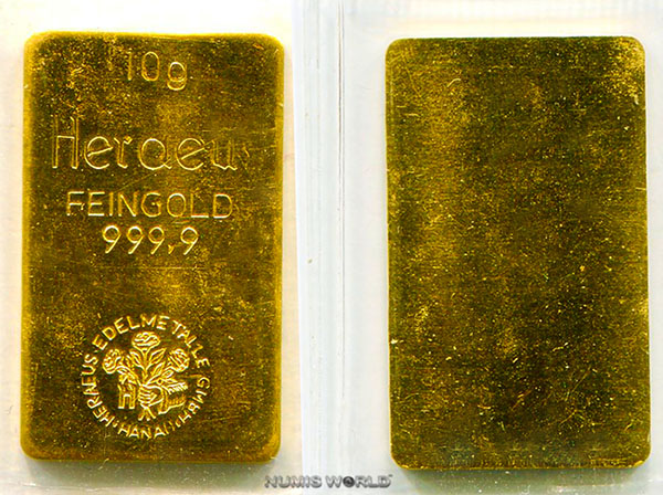 Deutschland, 10 g HERAEUS, Stanzbarren, alte Form, 10 g, Feingold 999,9, Rundstempel der HERAEUS GmbH Hanau, Abmessung: 25 x 15 x 1 mm, eingeschweißt, vz+