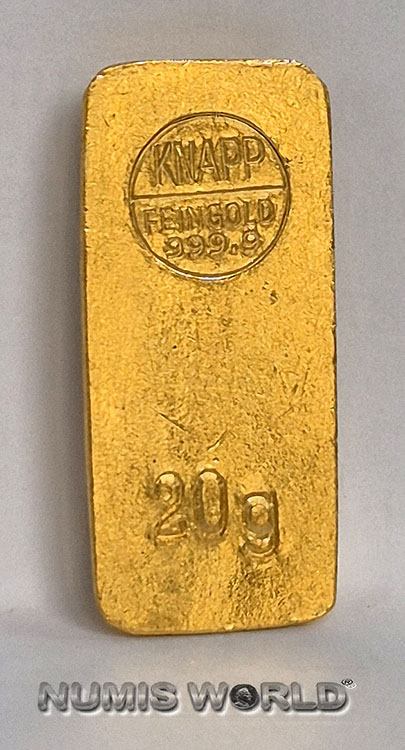 Deutschland, 20 g  KNAPP, Feingold 999.9 (im Rundstempel), 20 g, konischer Barren, Abmessung: 28 x 13 x 3 mm, einseitig geprägt, sehr selten, vz 