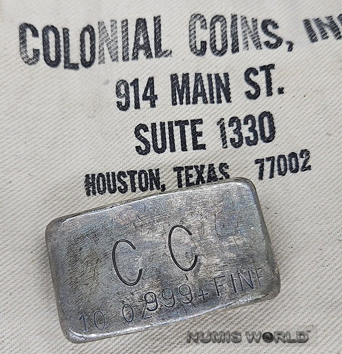 USA, 10 oz. CC - COLONIAL COINS, INC. Houston, 10 oz, 999+ FINE, Abmessung: 65 x 40 x 13 mm, selten, Patina, vz, Verkauf ohne Bankbeutel, 19% MwSt im Preis enhalten. 