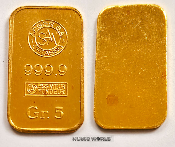Schweiz 5 g  Gussbarren, SAA ARGOR S.A. Chiasso, Prägung 999,9, Essayeur Fondeur, Abmessung: 25 x 14 x 1 mm, einseitig geprägt, vz+ 