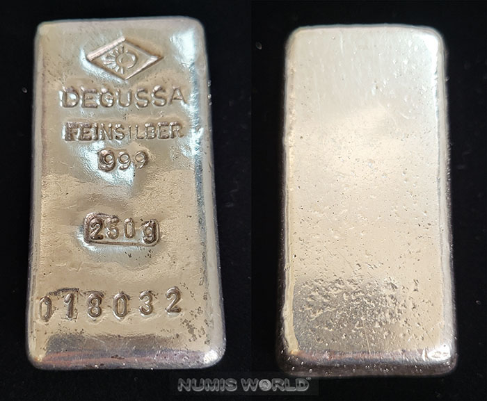 Deutschland, 250 g DEGUSSA, Firmenlogo, FEINSILBER 999, historischer Gussbarren 250 g, alte konische Barrenform, Barren-Nr. 018032, Abmessung: 58 x 38 x 14 mm, differenzbesteuert, Patina, Prachtexemplar, vz+ 