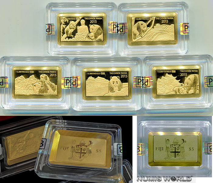 Fiji Islands, 5 x 1 g THE CHINESE PANDA 2015, 5 x 5 FIJI-Dollars je 1 g 999 Fine Gold in Barrenform, Original rote Holzbox, Premium Size, prägefrisch 