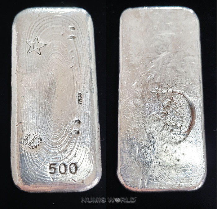 Italien, 500 g Silber, Lefèvre Antica Fonderia Roma (im Rundstempel), Stern mit dem Buchstaben L, 500, RONA, 4 x pepunzt: ^ROMA, 999, Abmessung: 85 x 38 x 15 mm, außerst selten, Erstarrungslinien, differenzbesteuert, vz+ 