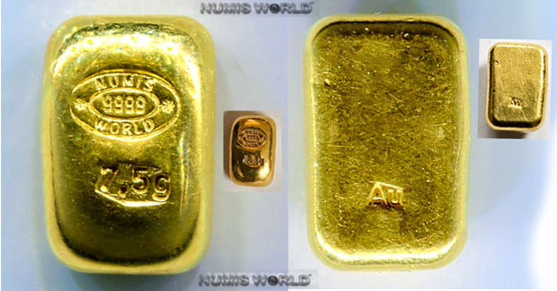 Numisworld Eigenedition, 7,5 g Gussbarren, Feingold 9999, limiterte Auflage, Abmessung: 12 x 7 x 4 mm, gussfrisch