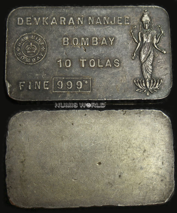 Indien, 10 Tolas Silber, DEVKARAN NANJEE BOMBAY, 116,75 g, Rundstempel H.M. Mint Bombay, FINE 999, Shiva Abbildung, Abmessung: 55 x 33 x 6 mm, einseitig geprägt, differenzbesteuert, selten, Rf, vz 