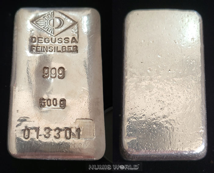 DE, 500 g, DEGUSSA FEINSILBER, Herstellerlogo, 999, 500 g, Barren-Nr. 013301, alter Gussbarren, konische Form, Abmessung: 70 x 38 x 20 mm,einseitig geprägt, differenzbesteuert, PRACHTEXEMPLAR!, Stg 