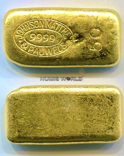 Belgien, 50 g Johnson Matthey & Pauwels, Gussbarren, 50,02 g, 9999 Feingold, Abmessung: 34 x 16 x 4 mm, einseitig geprägt, selten, vz