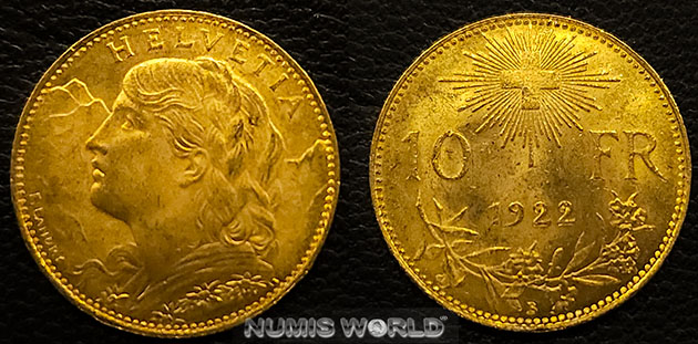 Schweiz, 10 Vreneli 1922, Mzz. B, Vreneli, 3,22 g/900 Gold, vz  