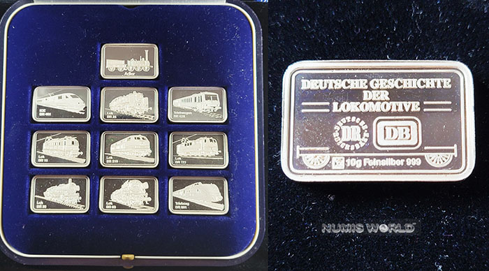 Deutschland, 10 g Deutsche Geschichte der Lokomotive, DR, DB, 10 x 10 g Feinsilber 999, in Originalbox, Stg 