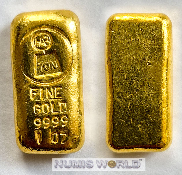 Australien 1 oz., HAR-ring-TON (Gebr. Harrington Australien), Gussbarren, FINE GOLD 9999, Abmessung: 24 x 11 x 6 mm, einseitig geprägt, Prägeschwäche, vz+