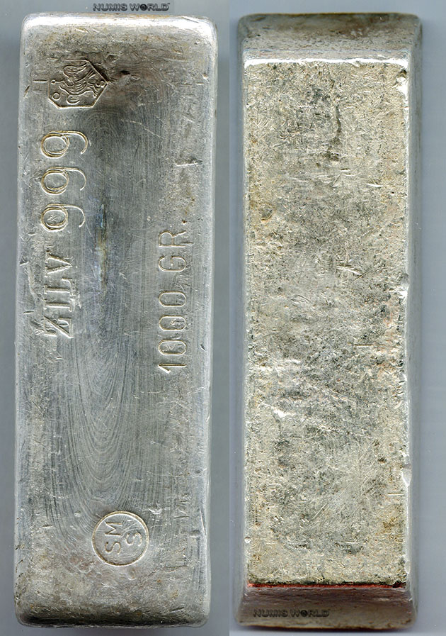 Niederlande 1000 g, Schöne Edele Metalen N.V. Amsterdam, Gussbarren Silber, konisch, Rundstempel SMS, ZILV 999, Firmenstempel mit Taube, 1000 GR., Abmessung: 113 x 36 x 29 mm, einseitig geprägt, differenzbesteuert, ss+ 