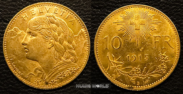 Schweiz, 10 Vreneli 1915, Mzz. B, Vreneli, 3,22 g/900 Gold, vz  