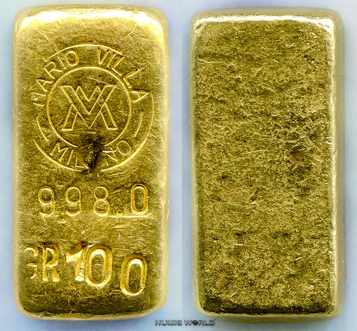 Italien, 100 g Mario Villa, Milano/Italien, Gussbarren - Kastenbarren alte Ausführung, Rundstempel MV, GR 100, 998,0, Abmessung: 35 x 16 x 8 mm, einseitig geprägt, selten
