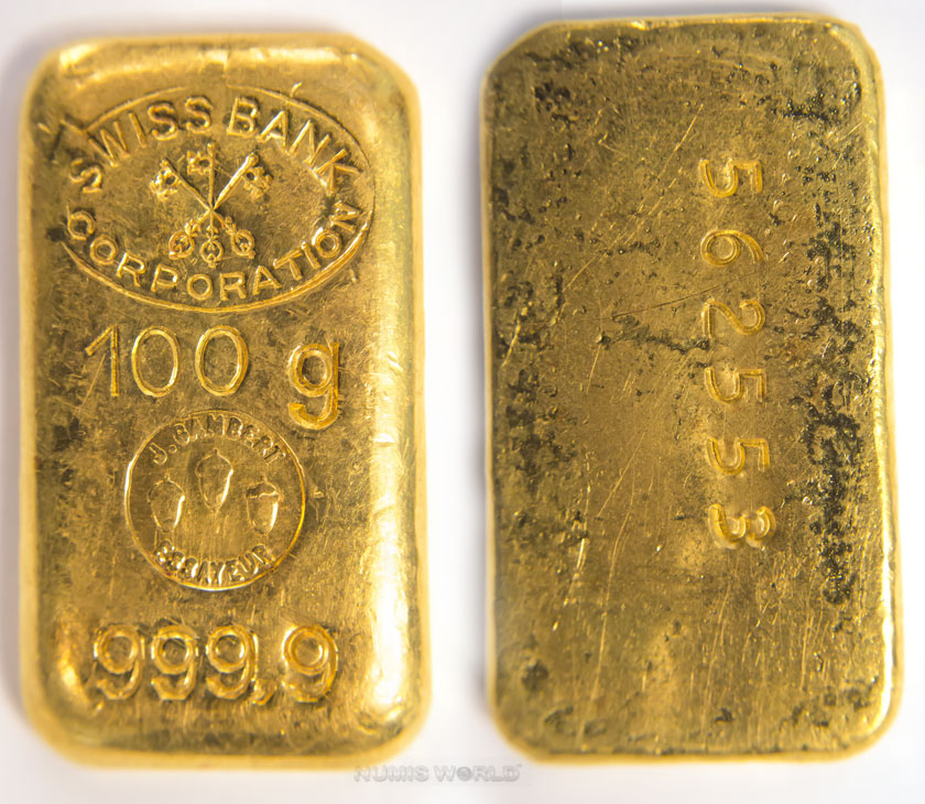 SWISS BANK CORPORATION, Gussbarren, rundes Siegel: J Gambert Essayeur, Rundstempel mit 3 Eicheln, 999,9 Feingold, Abmessung: 45 x 25 x 5 mm, Rs. Nr. 562553, beidseitig geprägt, vz 