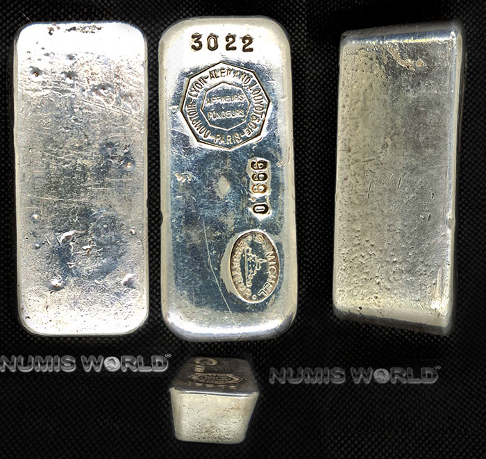 Comptoir Lyon Alemand Louyot & Cie, Paris, im achteckigen Stempel: Affineurs - Fondeurs, 1000 g Feinsilber 999,9, Barren-Nr. 009120