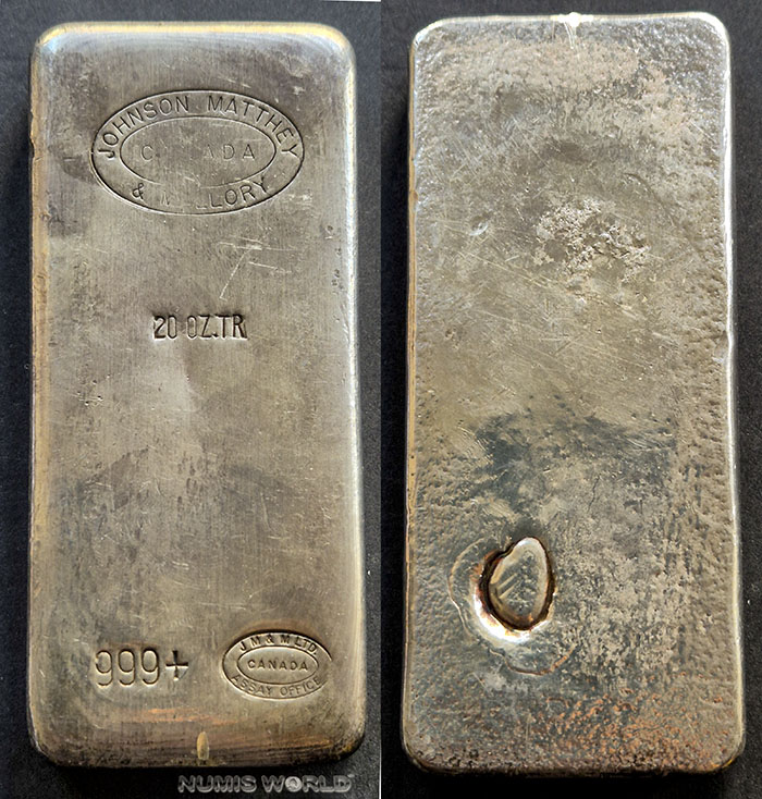 Canada, 20 oz., JOHNSON MATTHEY & MALLORY, CANADA im Ovalstempel, 20 OZ.TR, 999+, leiner Ovalstempel: JM&M LTD ASSAY OFFICE, CANADA, differenzbesteuert, vz+