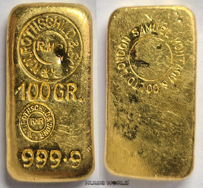 GB, 100 g N.M. ROTHSCHILD & SONS, R.M.R, Gussbarren, 999.9, zwei Rundstempel, Rückseite Gegenstempel: SAMUEL MONTAGU & Co. LTD LONDON, selte (1832-1911), Erstarrungsgrübchen, vz  